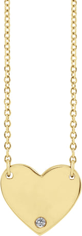 14K Gold Round Natural White Sapphire Engravable Heart Necklace - Yellow Gold