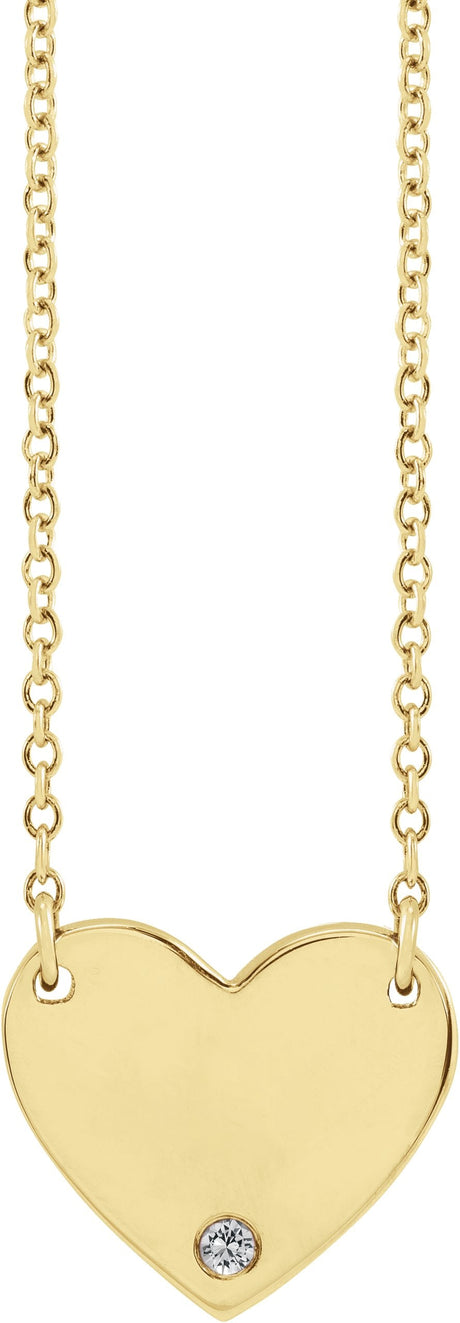 14K Gold Round Natural White Sapphire Engravable Heart Necklace - Yellow Gold