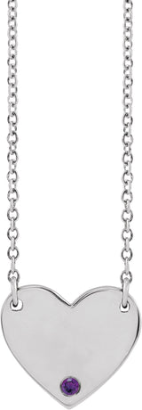 Platinum Round Natural Amethyst Engravable Heart Necklace