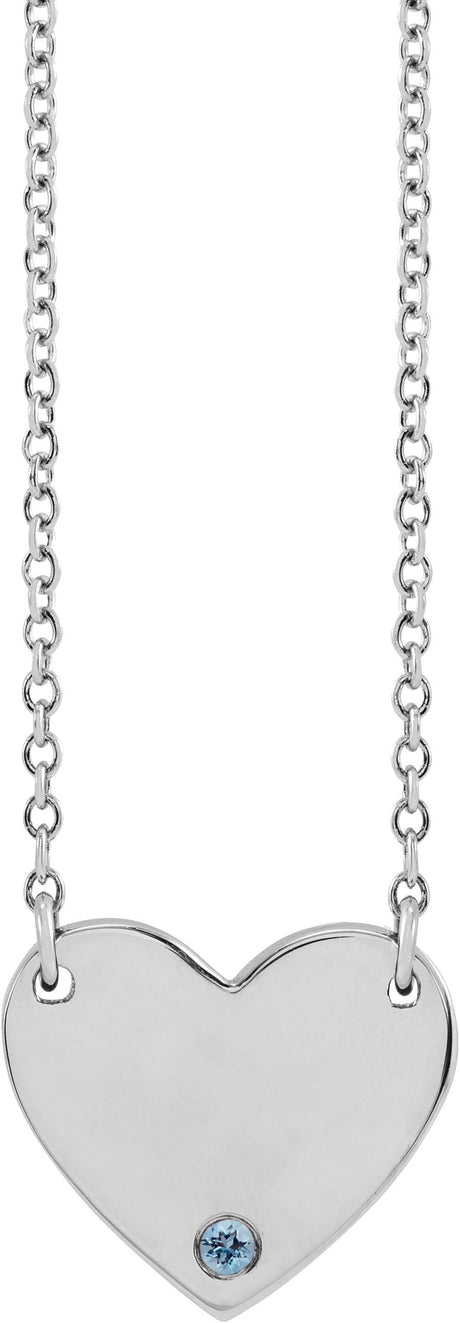 Platinum Round Natural Aquamarine Engravable Heart Necklace