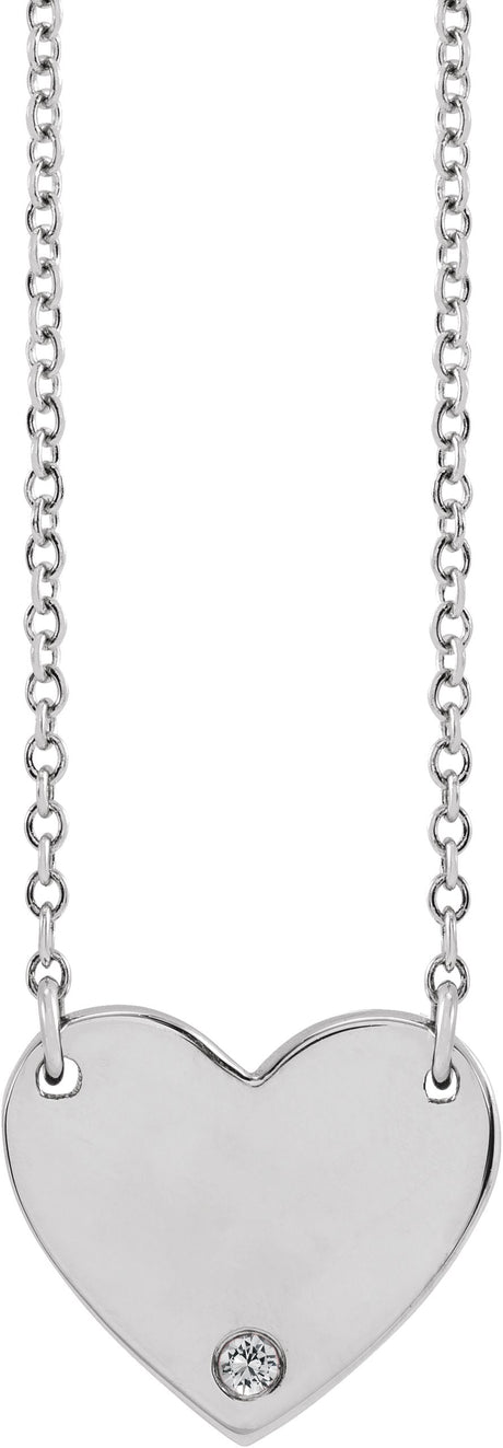 14K Gold Round Natural White Sapphire Engravable Heart Necklace - White Gold