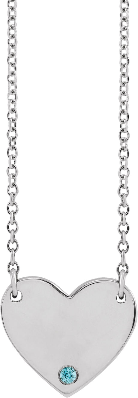 Platinum Round Natural Blue Zircon Engravable Heart Necklace