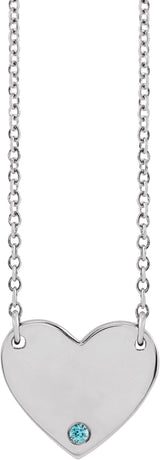 14K Gold Round Natural Blue Zircon Engravable Heart Necklace - White Gold