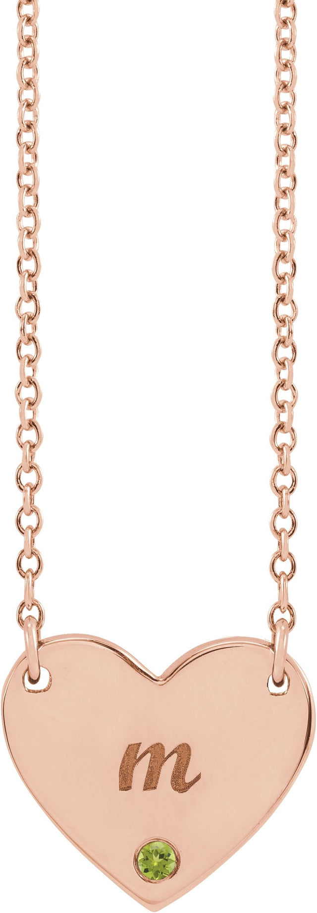 14K Gold Round Natural Peridot Engravable Heart Necklace - Rose Gold - view 3