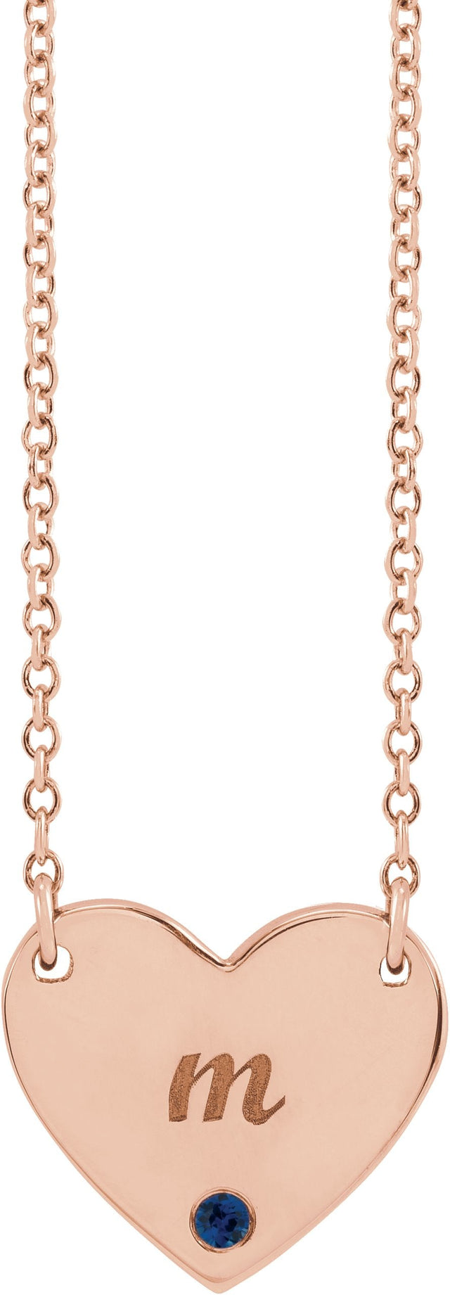 14K Gold Round Natural Blue Sapphire Engravable Heart Necklace - Rose Gold - view 3