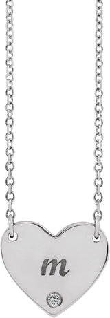 Platinum Round Natural White Sapphire Engravable Heart Necklace - view 3