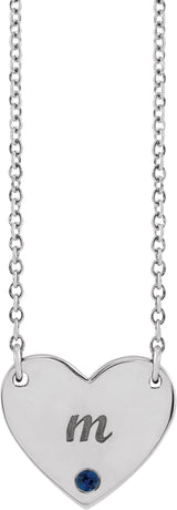 Platinum Round Natural Blue Sapphire Engravable Heart Necklace - view 3