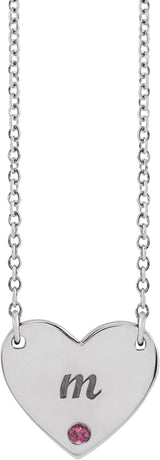 Platinum Round Natural Pink Tourmaline Engravable Heart Necklace - view 3