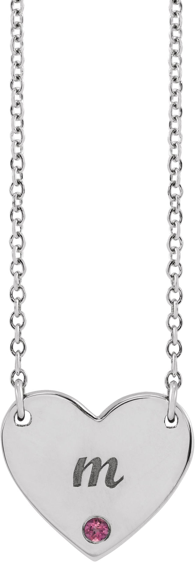 Platinum Round Natural Pink Tourmaline Engravable Heart Necklace - view 3