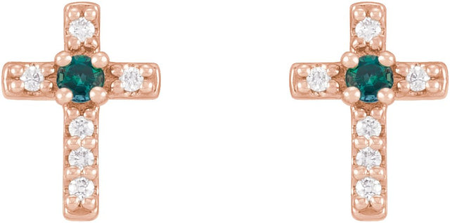 14K Gold Round Natural Alexandrite Accented Cross Earrings – 1.5-2mm Stones - Rose Gold - view 4