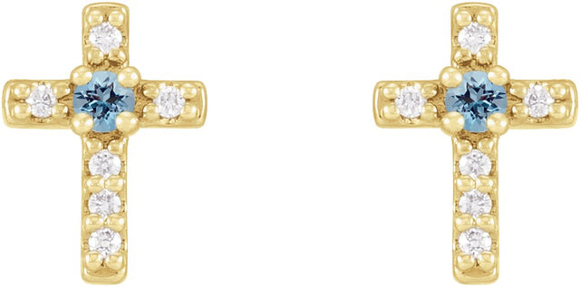 14K Gold Round Natural Aquamarine Accented Cross Earrings – 1.5-2mm Stones - Yellow Gold - view 4