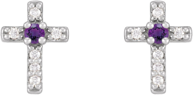 14K Gold Round Natural Amethyst Accented Cross Earrings – 1.5-2mm Stones - White Gold - view 4