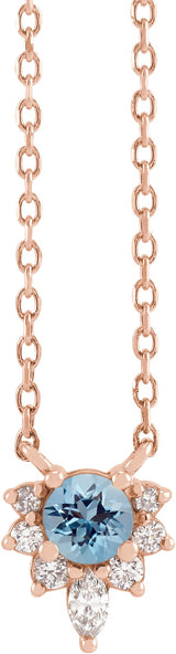 14K Gold Round Natural Aquamarine & Natural Diamond Accented Necklace – 3.5mm Stones - Rose Gold