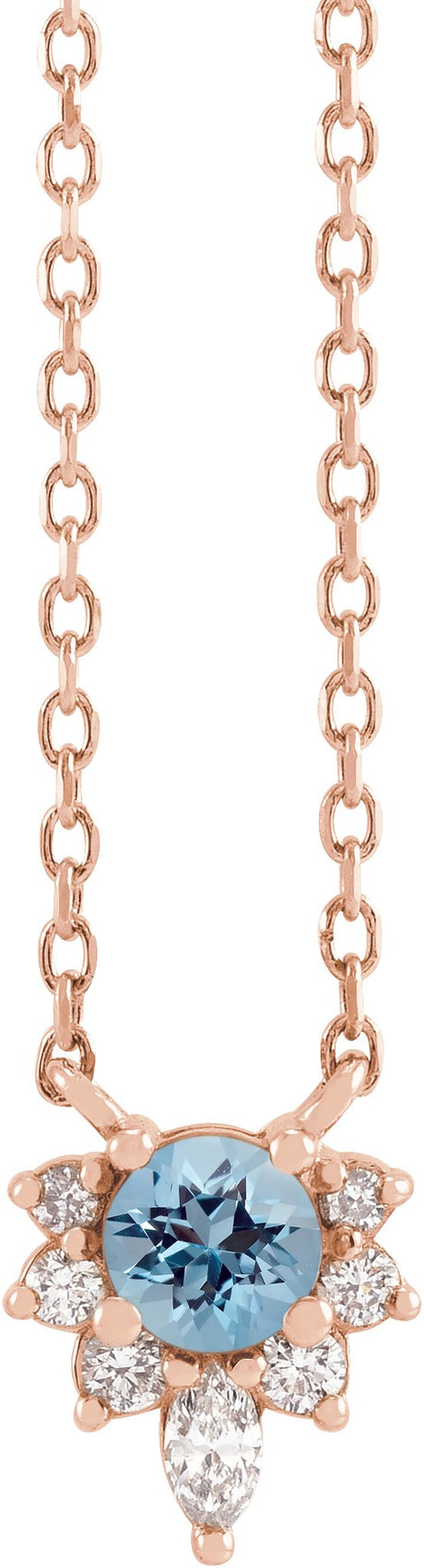 14K Gold Round Natural Aquamarine & Natural Diamond Accented Necklace – 3.5mm Stones - Rose Gold