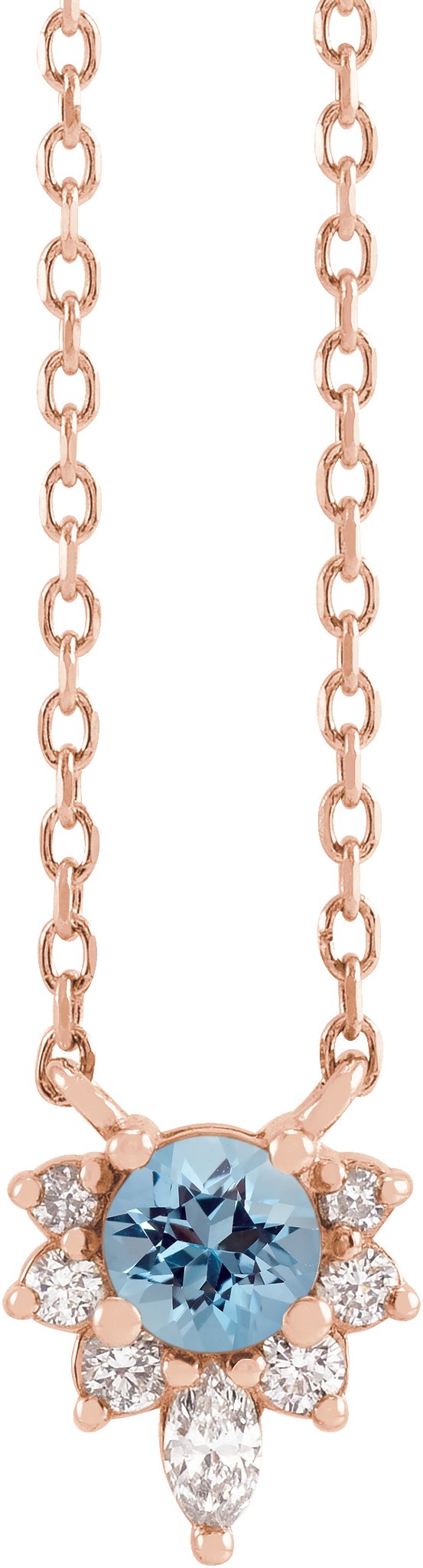 14K Gold Round Natural Aquamarine & Natural Diamond Accented Necklace – 3.5mm Stones - Rose Gold