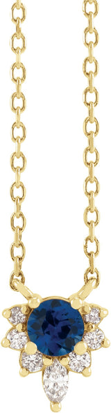 14K Gold Round Lab-Grown Blue Sapphire & Natural Diamond Accented Necklace – 0.08 CTW - Yellow Gold