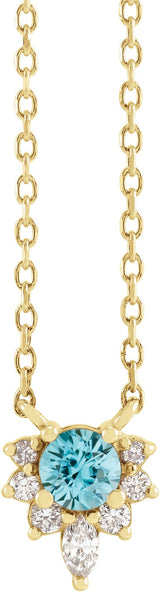 14K Gold Round Natural Blue Zircon & Natural Diamond Accented Necklace – 0.08 CTW - Yellow Gold