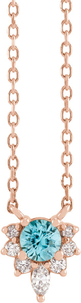 14K Gold Round Natural Blue Zircon & Natural Diamond Accented Necklace – 0.08 CTW - Rose Gold