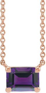 14K Gold Natural Amethyst Emerald Claw-Prong Solitaire Necklace - Rose Gold