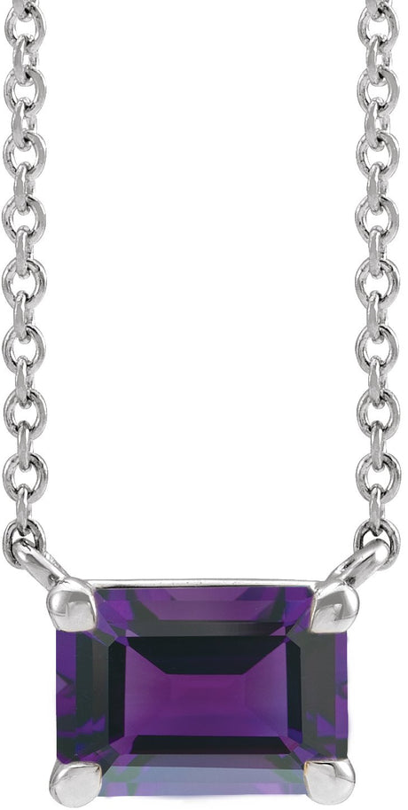 14K Gold Natural Amethyst Emerald Claw-Prong Solitaire Necklace - White Gold