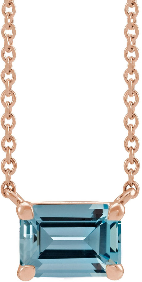 14K Gold Natural Aquamarine Emerald Claw-Prong Solitaire Necklace - Rose Gold