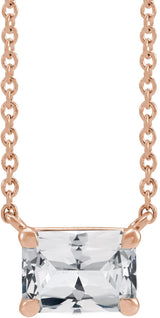 14K Gold Natural White Sapphire Emerald Claw-Prong Solitaire Necklace - Rose Gold
