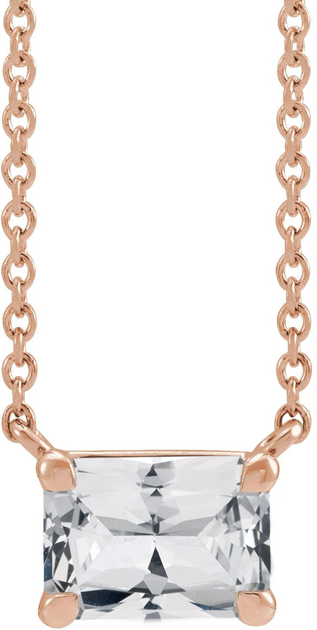 14K Gold Natural White Sapphire Emerald Claw-Prong Solitaire Necklace - Rose Gold