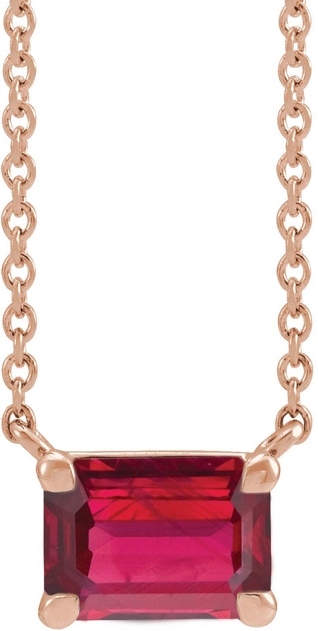 14K Gold Lab-Grown Ruby Emerald Claw-Prong Solitaire Necklace - Rose Gold