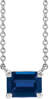 Platinum Lab-Grown Blue Sapphire Emerald Claw-Prong Solitaire Necklace