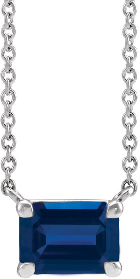 Platinum Lab-Grown Blue Sapphire Emerald Claw-Prong Solitaire Necklace