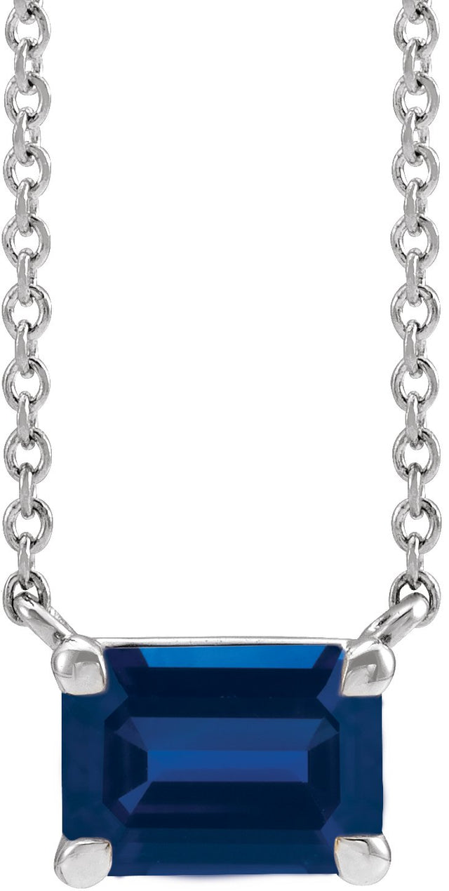 14K Gold Lab-Grown Blue Sapphire Emerald Claw-Prong Solitaire Necklace - White Gold