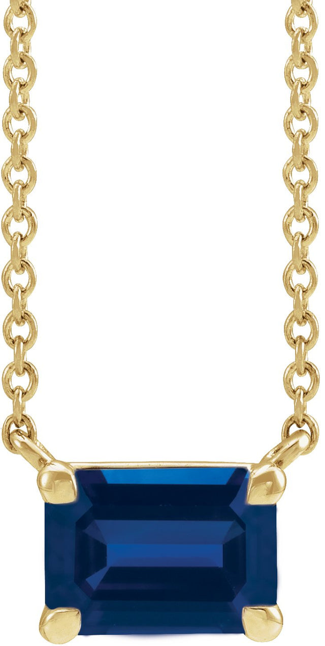 14K Gold Lab-Grown Blue Sapphire Emerald Claw-Prong Solitaire Necklace - Yellow Gold