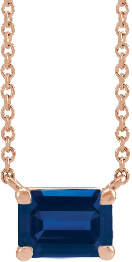 14K Gold Lab-Grown Blue Sapphire Emerald Claw-Prong Solitaire Necklace - Rose Gold