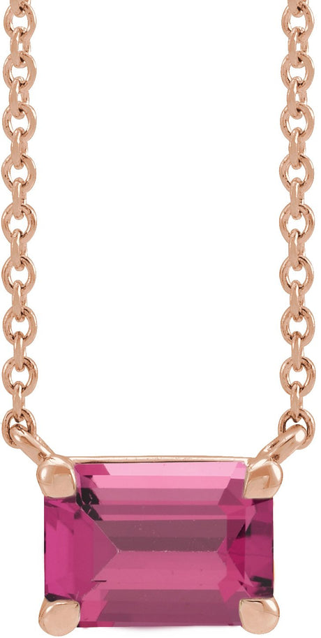 14K Gold Natural Pink Tourmaline Emerald Claw-Prong Solitaire Necklace - Rose Gold