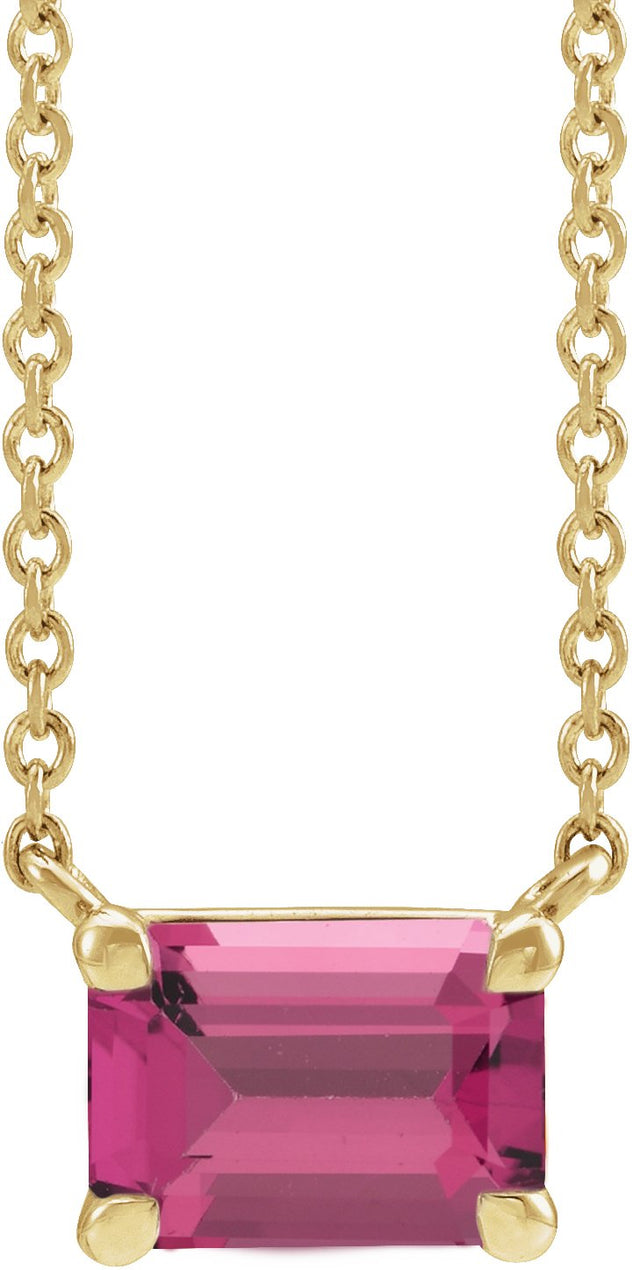 14K Gold Natural Pink Tourmaline Emerald Claw-Prong Solitaire Necklace - Yellow Gold