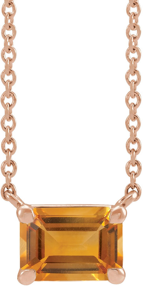 14K Gold Natural Citrine Emerald Claw-Prong Solitaire Necklace - Rose Gold