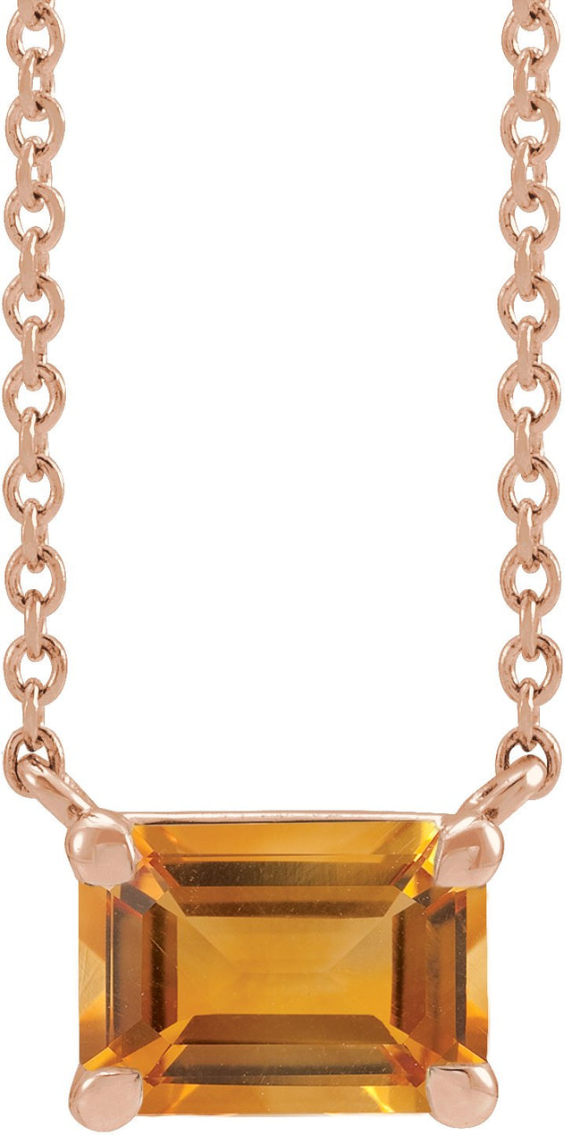 14K Gold Natural Citrine Emerald Claw-Prong Solitaire Necklace - Rose Gold