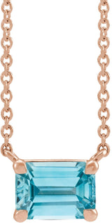 14K Gold Natural Blue Zircon Emerald Claw-Prong Solitaire Necklace - Rose Gold