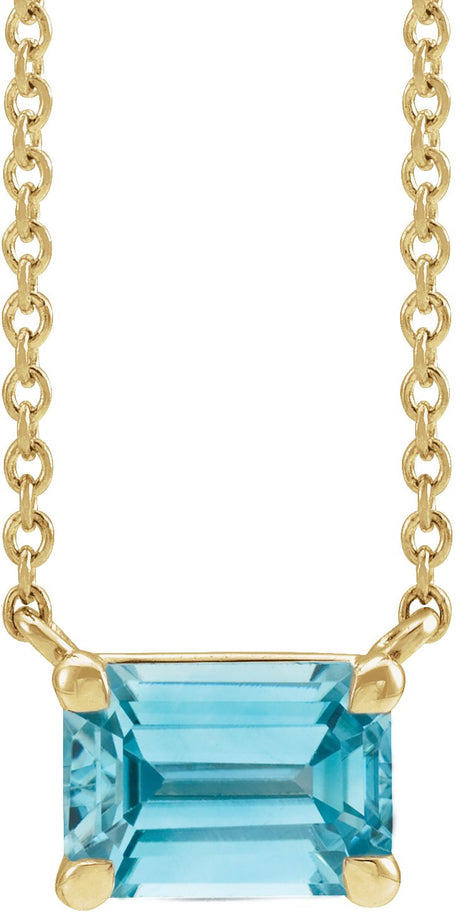 14K Gold Natural Blue Zircon Emerald Claw-Prong Solitaire Necklace - Yellow Gold