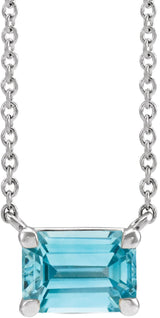 14K Gold Natural Blue Zircon Emerald Claw-Prong Solitaire Necklace - White Gold