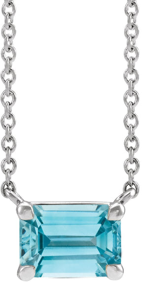 Platinum Natural Blue Zircon Emerald Claw-Prong Solitaire Necklace