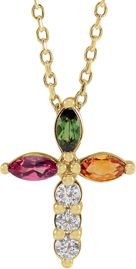 14K Gold Marquise Natural Diamond Cross Necklace or Pendant – 1/10 CTW - Yellow Gold