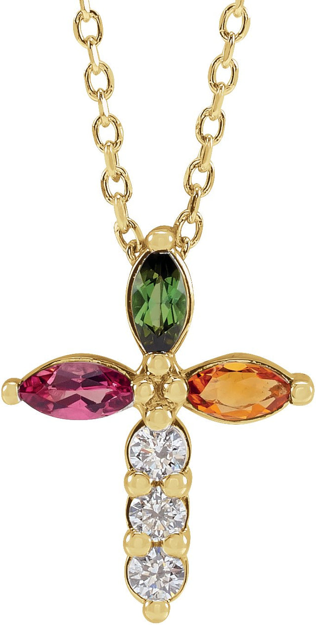 14K Gold Marquise Natural Diamond Cross Necklace or Pendant – 1/10 CTW - Yellow Gold