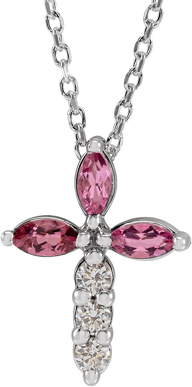 Platinum Marquise Natural Pink Tourmaline & Natural Diamond Cross Necklace or Pendant