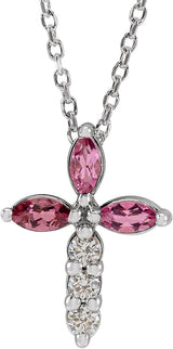 14K Gold Marquise Natural Pink Tourmaline & Natural Diamond Cross Necklace or Pendant - White Gold