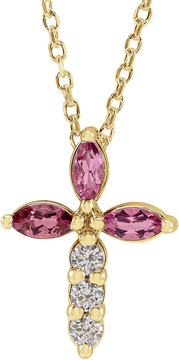 14K Gold Marquise Natural Pink Tourmaline & Natural Diamond Cross Necklace or Pendant - Yellow Gold