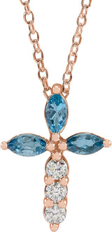 14K Gold Marquise Natural Aquamarine & Natural Diamond Cross Necklace or Pendant - Rose Gold