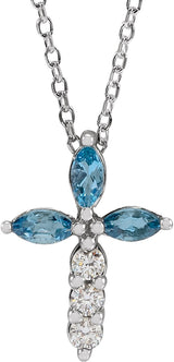 14K Gold Marquise Natural Aquamarine & Natural Diamond Cross Necklace or Pendant - White Gold