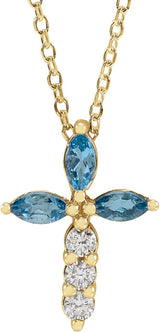 14K Gold Marquise Natural Aquamarine & Natural Diamond Cross Necklace or Pendant - Yellow Gold