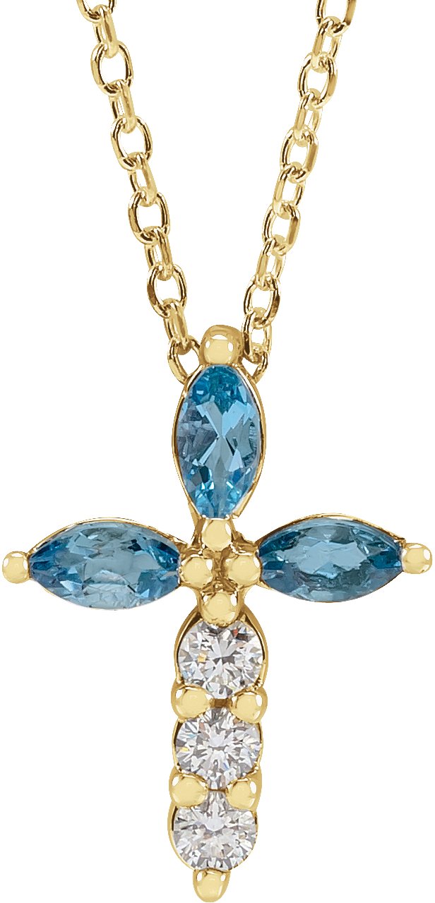 14K Gold Marquise Natural Aquamarine & Natural Diamond Cross Necklace or Pendant - Yellow Gold